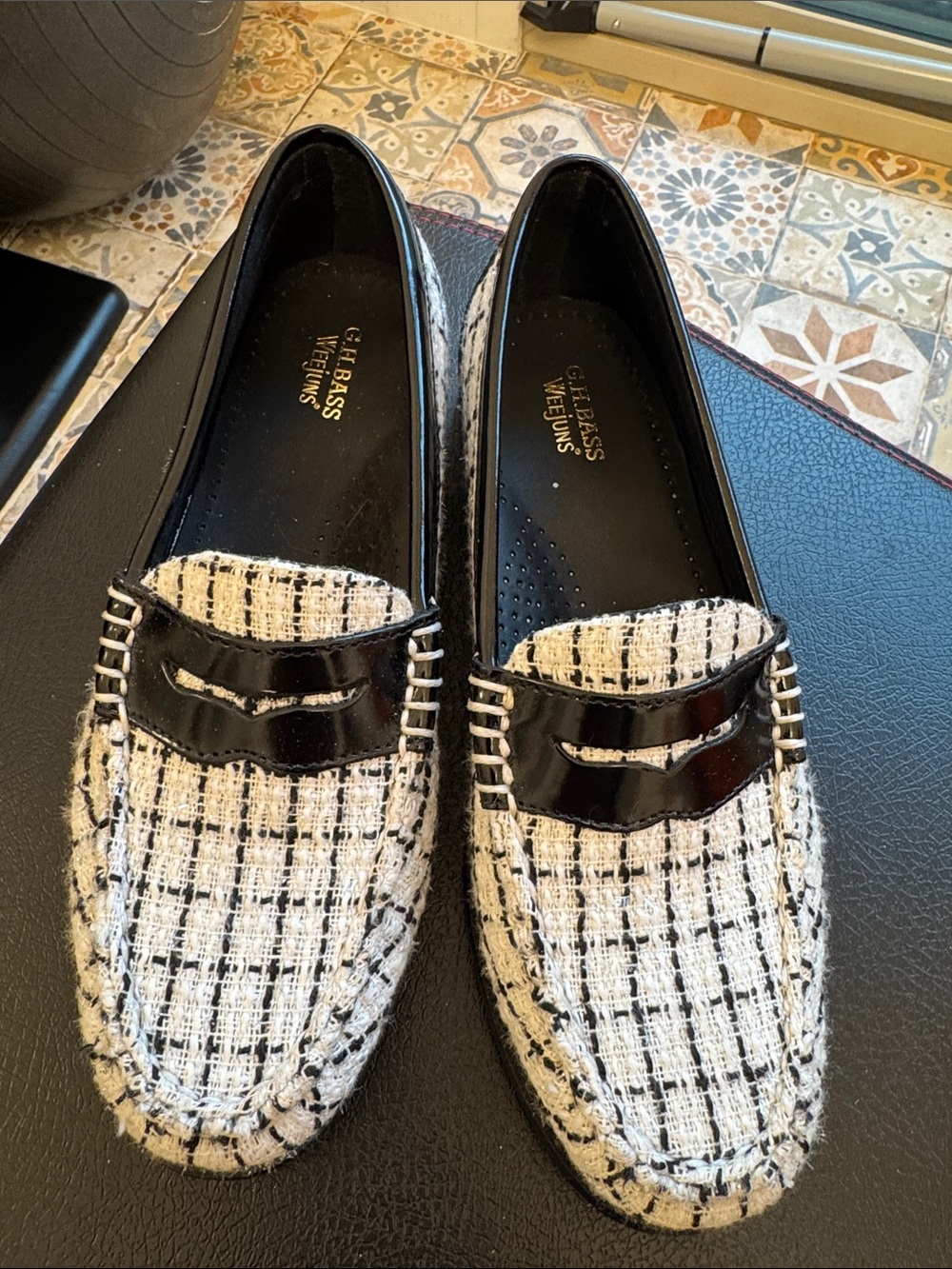 G.H. Bass & Co. Black and White Tweed Penny Loafers.  Worn for an hour!